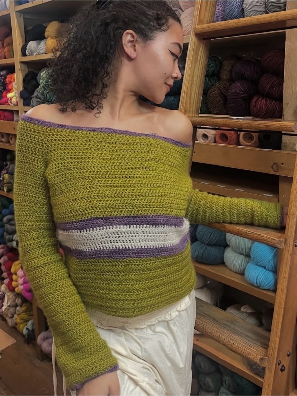 Off-Shoulder Olive Green Stripe Women's Sweater